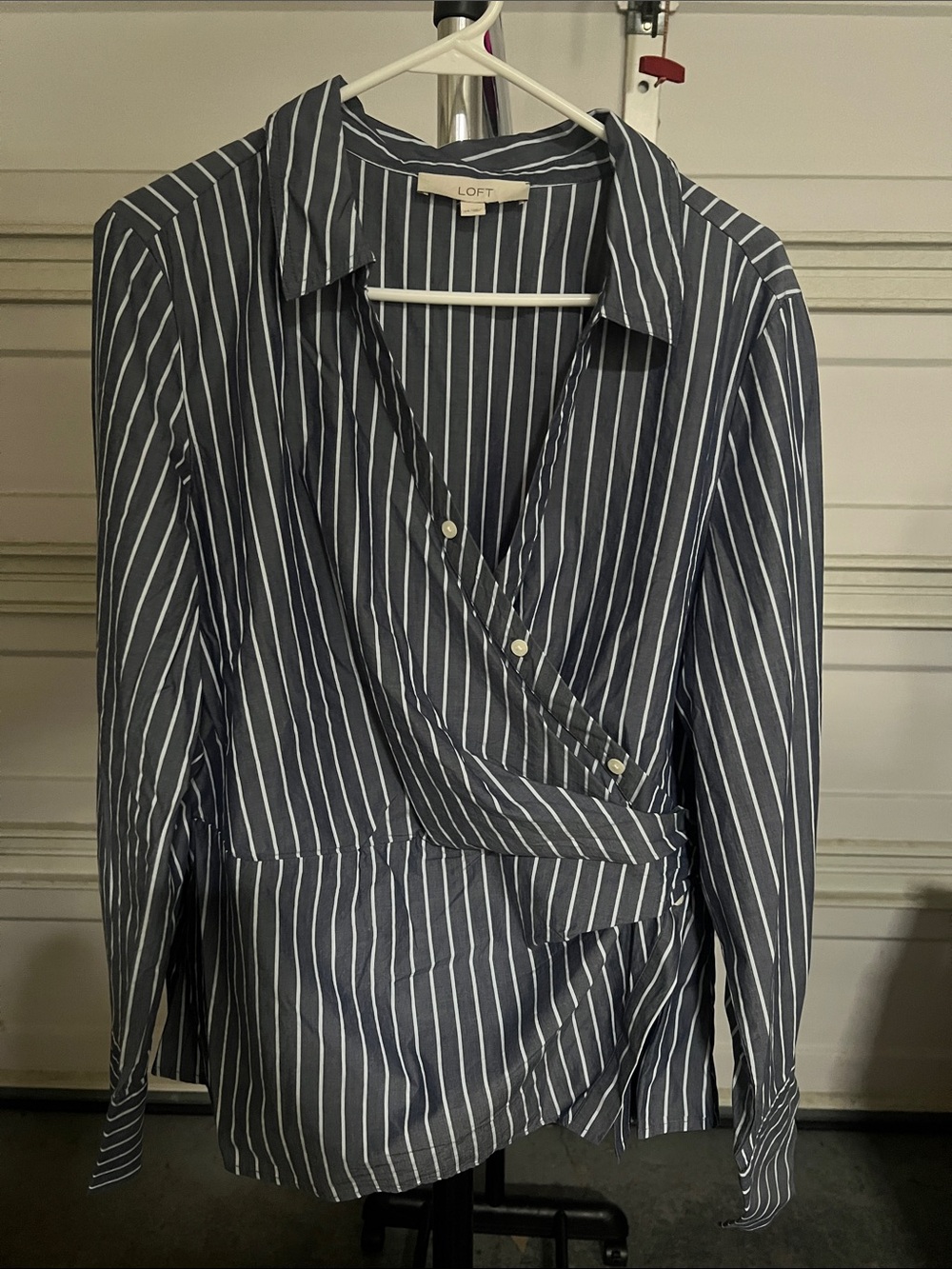 LOFT Navy & White Striped Wrap Shirt